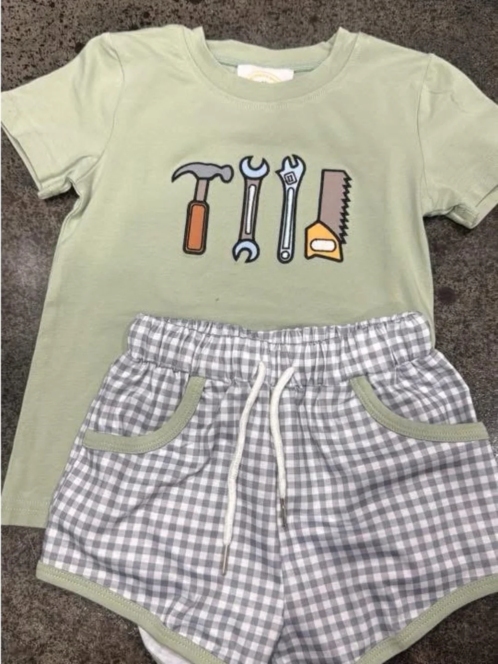 Light Green Tool Graphic Tee & Gray Gingham Shorts Set